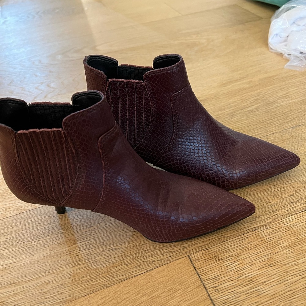 Maroon faux snakeskin booties (Rebecca Minkoff)
